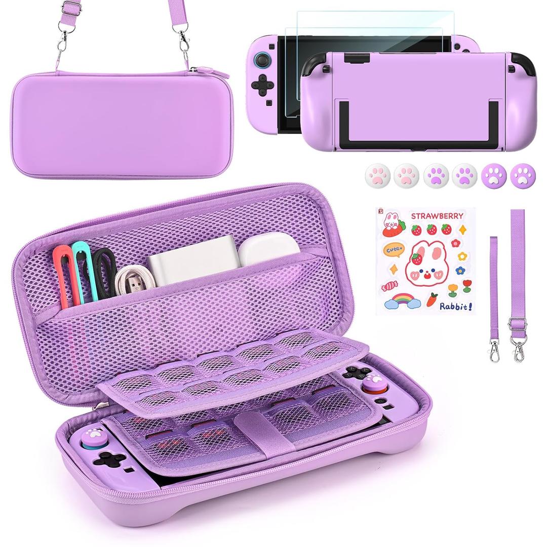 Younik Switch 2 Accessories Bundle, 15 in 1 Purple Switch 2 Accessories Kit for Girls Include Switch 2 Carrying Case, Shoulder Strap, Wrist Strap & Stickers, Protective Case for Switch Console & J-Con
