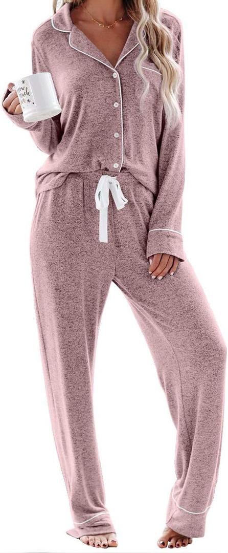 Aamikast Women's Pajama Sets Long Sleeve Button Down Sleepwear Nightwear Soft Pjs Lounge Sets (XL)
