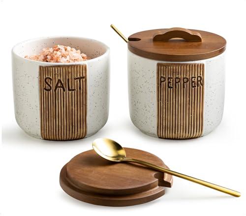 YHOJOY Salt and Pepper Bowl Ceramic, 10 Oz Salt and Pepper Cellar with Lid and Spoon, Farmhouse Salt Containers for Countertop, White