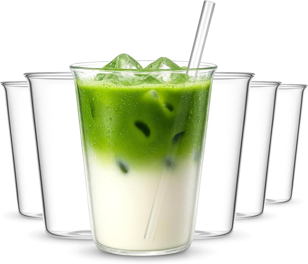 Set of 6 11.8 oz Clear Drinking Glass with Straws 340 ml Iced Tea Beer Cups Heat Resistant Kitchen Glassware for Juice, Beverage, Cocktail, Coffee, Soda