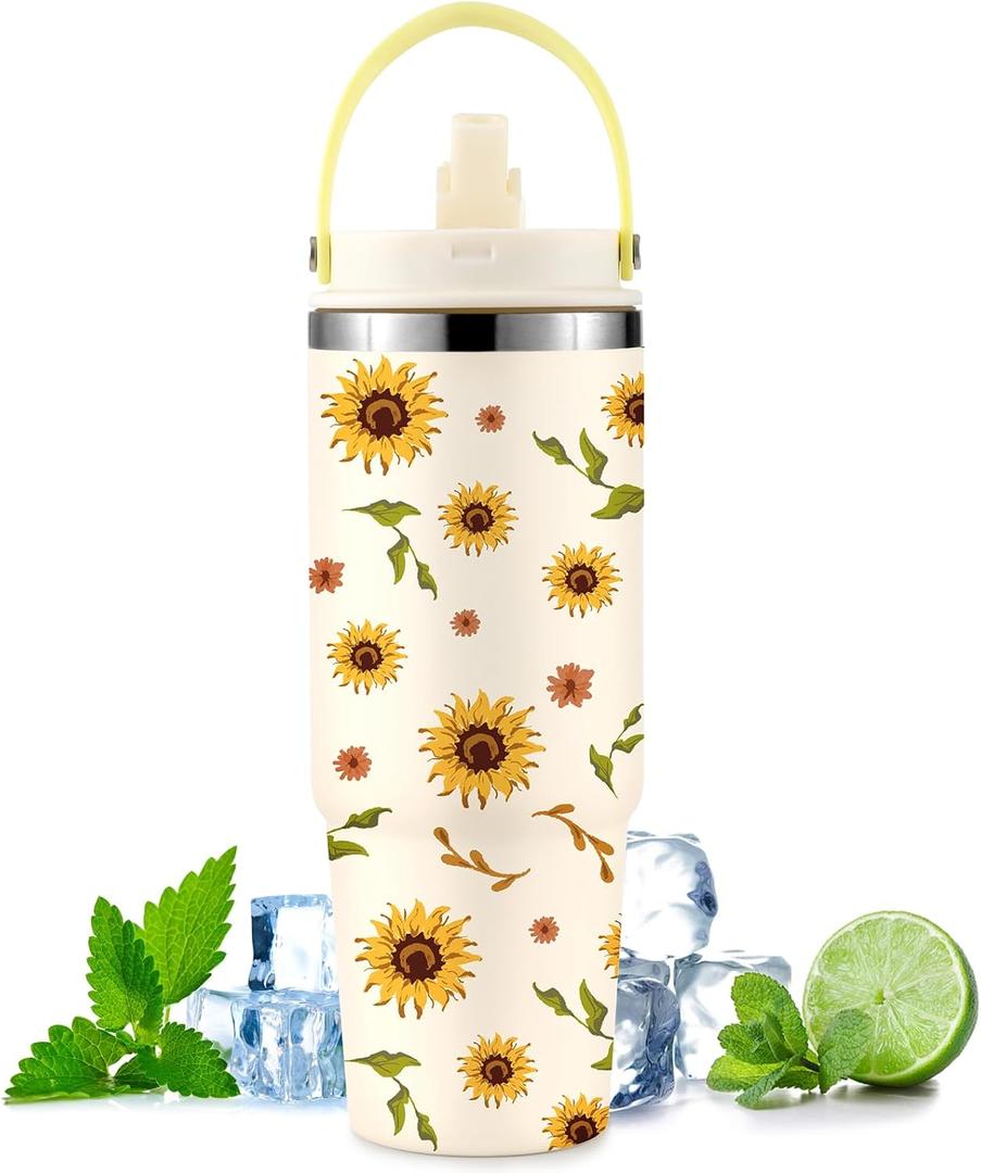 Sunflower Tumbler 30oz Stainless Steel Water Bottle with Handle Flip Straw, Leakproof Travel Mug iced Coffee Cup, Birthday Mothers for Women Friends Flower Lovers
