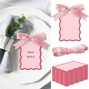 200 Pcs Scallop Name Place Cards for Table Setting DIY Wedding Placecards with Ribbon Include 100 Name Table Cards and 100 Ribbon for Weddings Party Celebrations Supplies (Pink)