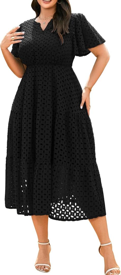 RWJ Womens 2026 Spring Plus Size Wedding Guest Dresses Short Sleeve V Neck Hollow Out Eyelet A Line Flowy Maxi Dress, Size: XL