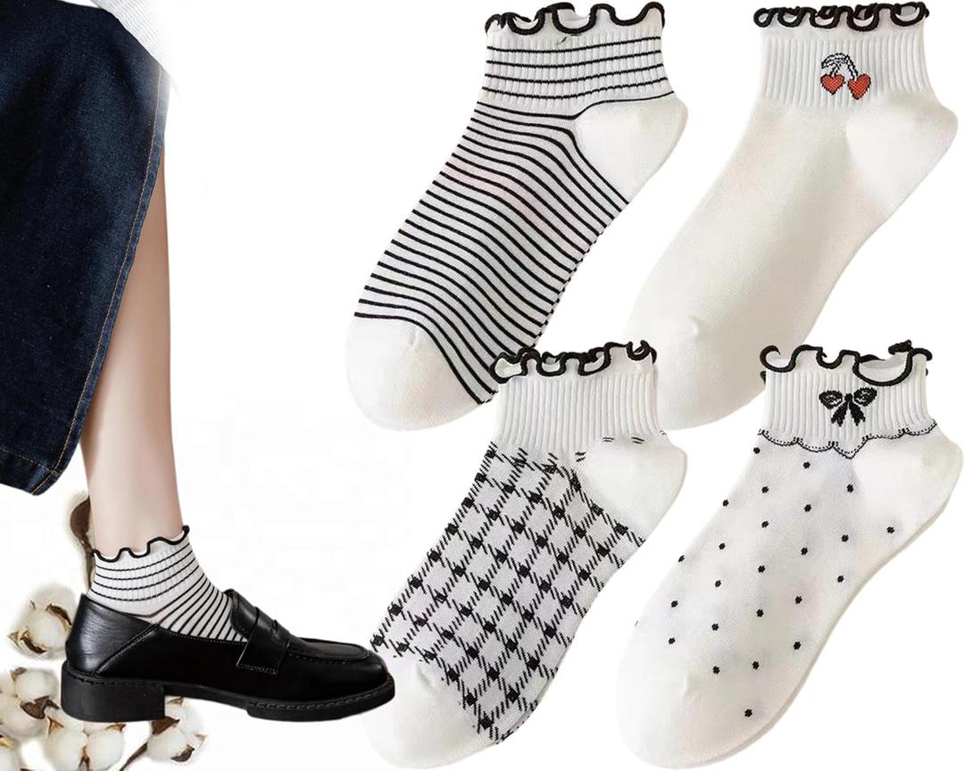 CHUNFO Womens Socks Ruffle Ankle Striped Bows Argyl Plaid Dots White Cotton Sock Crew Size5-9 Size6-11