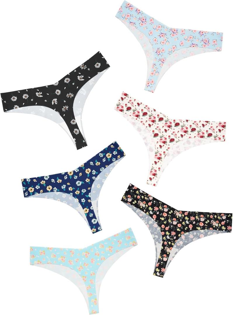 DEANGELMON Seamless Thongs for Women No Show Thong Underwear Women Comfortable Multiple Pack (Large, Floral Print-6pack)
