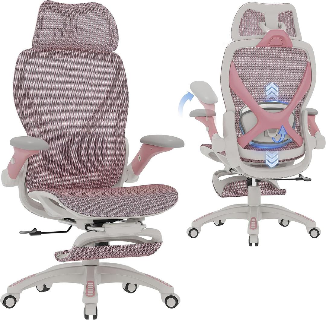 ELABEST X100 Ergonomic Mesh Office Chair with Footrest, Big and Tall Hone Desk Chair with 5D Flip-Up Arms, Adjustable 3D Lumbar Support,Gaming & Executive Computer Chairs, 24 inches x 26 inches x 41 inches