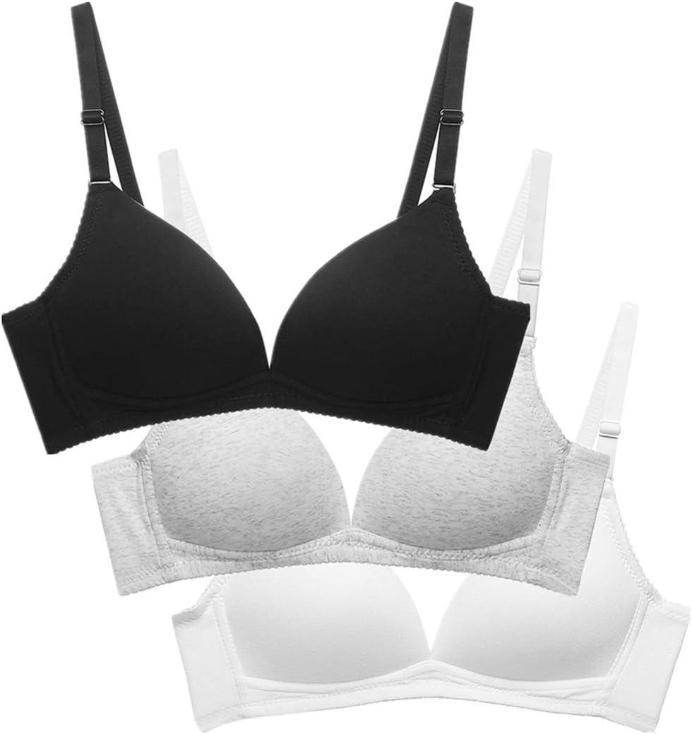 Teen Girls Seamless Bra Cotton Bras Adjustable Straps ((36) 36A, Black/Light Grey/White)