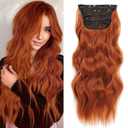 NAYOO Clip in Curly Hair Extensions 4PCS Long Wavy Synthetic Thick Hairpieces with Fiber Double Weft for Women Hair Full Head (24 Inch, Copper Red)