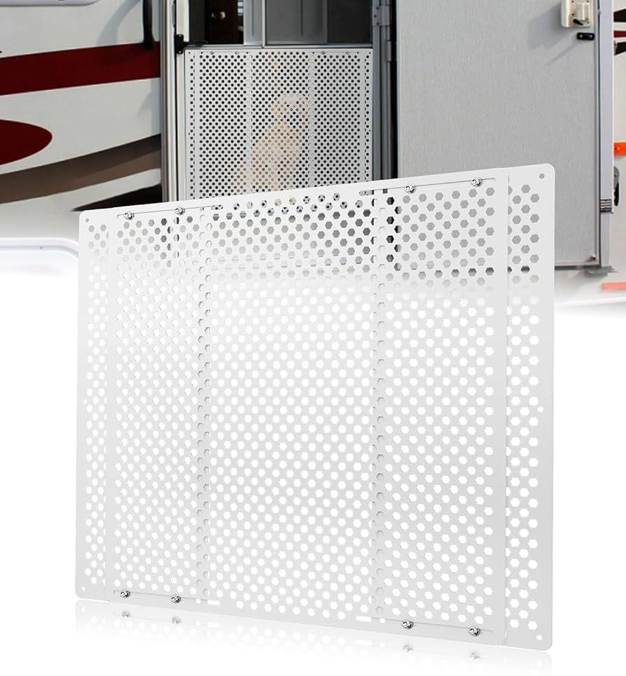 RV Screen Door Protector Adjusts from 21.5"- 35", RV Entry Screen Door Grille Adjustable Screen Defender for RV Door Camper Screen Door Protector for Dogs Kids White