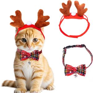 Cat Christmas Costume Reindeer Headband and Collar for Small Cat Dog Christmas Halloween Party Cosplay Supplies (Red Christmas)