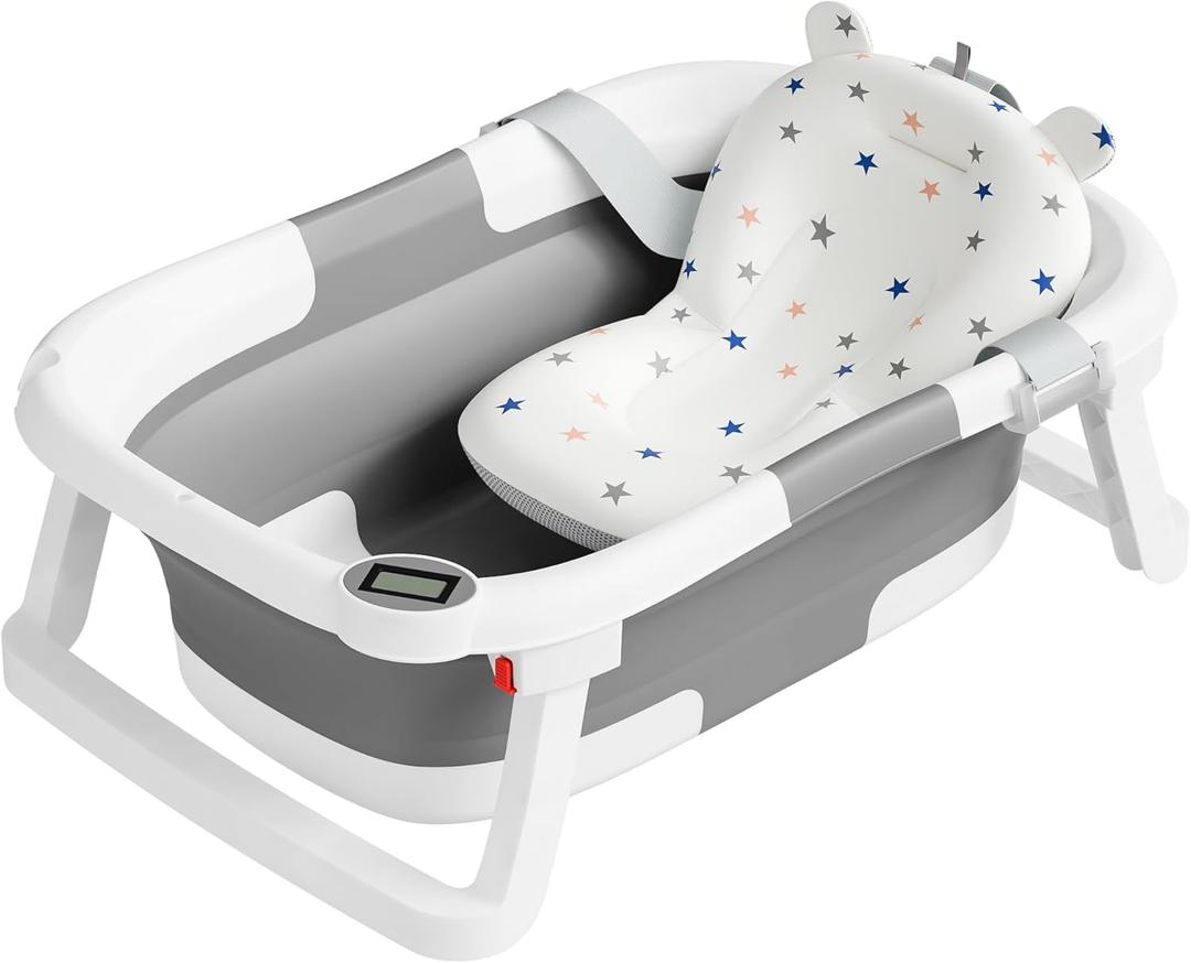 Collapsible Baby Bathtub,Baby Bath Tub with Soft Cushion & Thermometer,Baby Bathtub Newborn to Toddler 0-36 Months,Portable Travel Baby Tub (Gray)