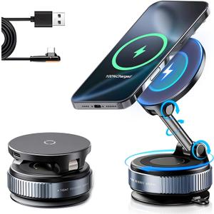 for Magsafe Wireless Charger Car Phone Holder, 360 Adjustable Suction Cup Mount for Dashboard & Windshield, Compatible with iPhone 17/16/15/14/13/12 Series (Gray)