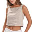 Amazhiyu Womens 100% Linen Summer Square Neck Sleeveless Back Keyhole Crop Tops M