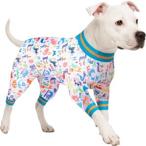 LovinPet Dog Onesie for Surgery Male Large Breed, Undershirt for Pitbull Dog, Lightweight Stretchy Flannel Fabric, White Noah's Ark Alphabet Print, Big Dog Jammies, Uv Protection Shirt, Easy to Wear, 2XL