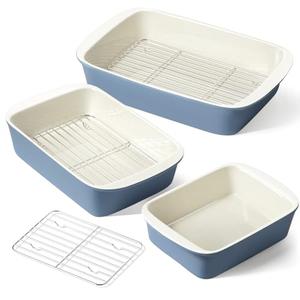 LE TAUCI Deep Casserole Dishes for Oven, 13.7”x9.6” Ceramic Baking Dish Set with Roasting Racks, Large Lasagna Pans with Handles, Rectangular Bakeware as Gift for Mom, Dusty Blue (4.6QT/3.0QT/1.6QT), Set of 2