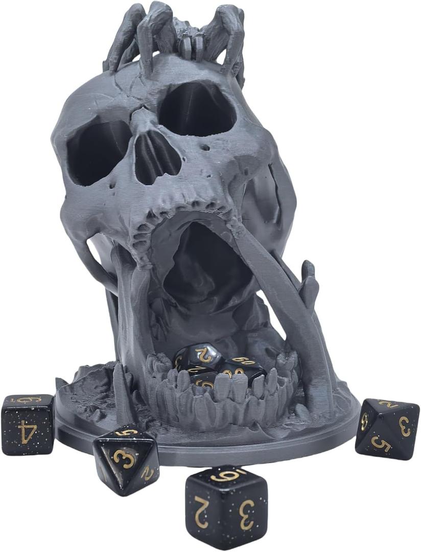 Skull Dice Tower Dungeons and Dragons RPG abletop Roleplaying Game Jail D&D (Random 7PCS D20 Dice Set Included) Silver