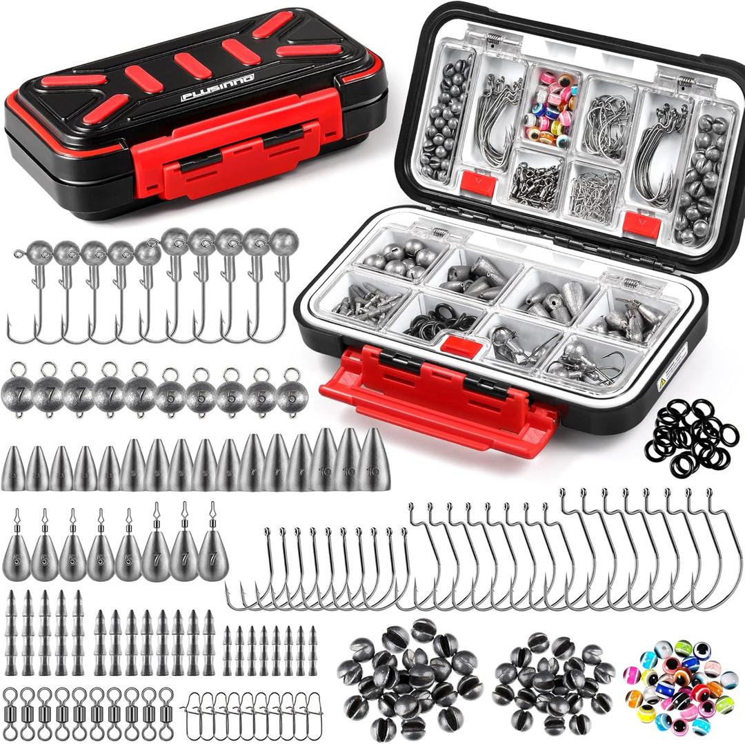 PLUSINNO 264/397pcs Fishing Accessories Kit, Organized Fishing Tackle Box with Tackle Included, Fishing Hooks, Fishing Weights Sinkers, Swivels, Beads, Fishing Gear Set Equipment for Bass Trout