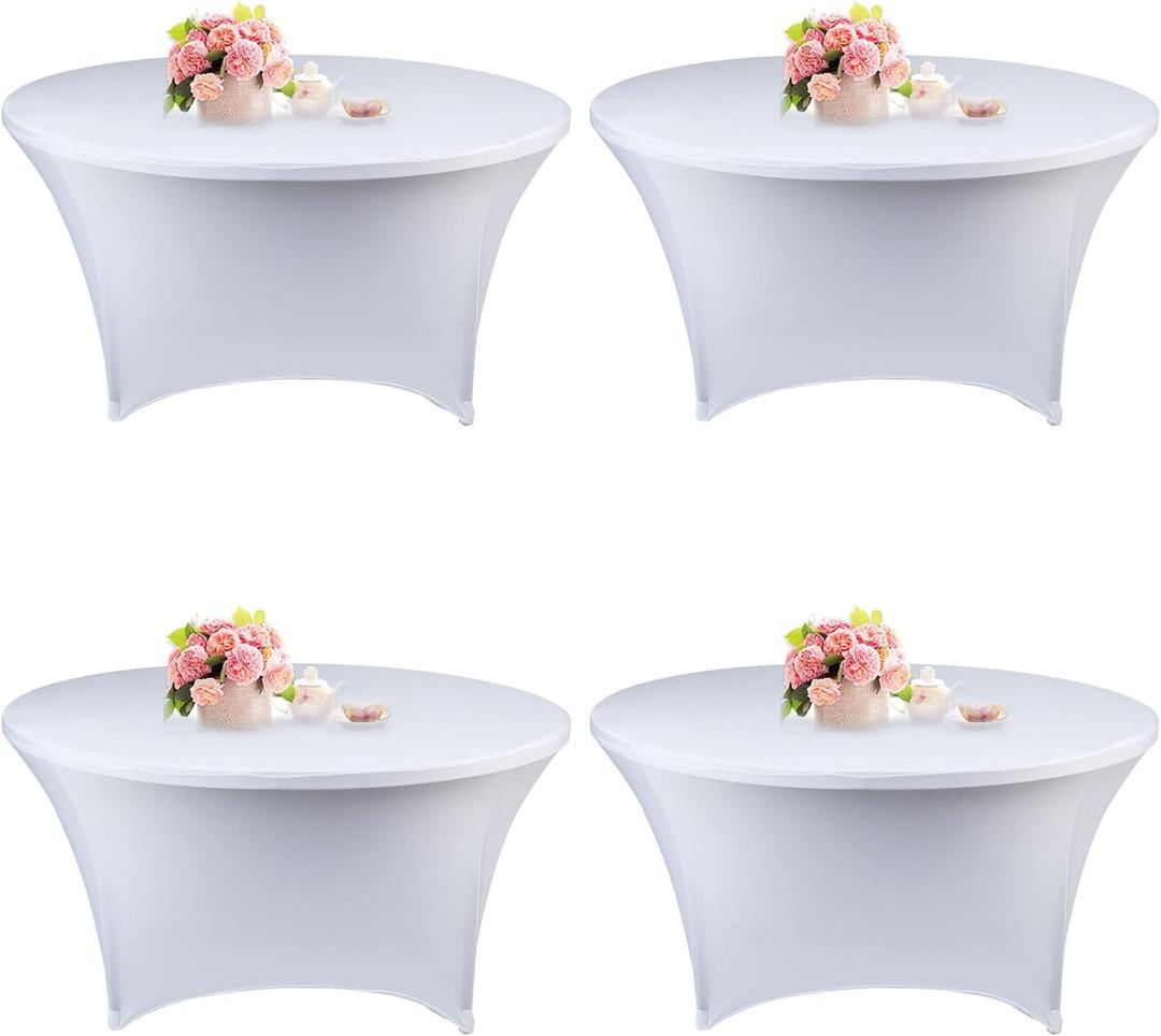 Fivenl 4 Pack 5FT Round Spandex Tablecloth, 60 Inch White, Stretchable Table Cover, Washable and Wrinkle Resistant, Fitted Round Table for Wedding, Banquet, Birthday, Party, Restaurant
