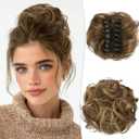 RUWISS Claw Clip Messy Bun Hair Piece Real Human Hair Buns Wavy Curly Chignon Hair Bun Extensions Tousled Updo Ponytail Hairpieces Hair Scrunchie with Clip for Women4T27# (40g, Chocolate Brown Highlighted Dark Brown)