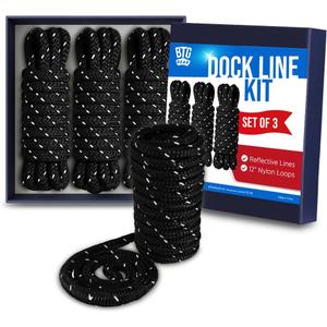 Heavy Duty 1/2" Marine Ropes Dock Line Reflective Boat Kit-Bow Lines for Boats up to 36'-Includes (Two 25'x1/2" Bow Lines, ONE 35'x1/2" Spring)-Double Braided Nylon Dock Kit (Rope with Loop)