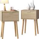 LAATOOREE Nightstands Set of 2, Small Side Table, Bedside Table with Fluted Door, Solid Wood Feet; Modern Mid-Century End Table for Bedroom, Small Space (Natural)
