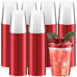 Gerrii 63 Pcs 10oz Plastic Cups Disposable Fancy Rimmed Cups Elegant Clear Drinking Tumblers for Wedding, Birthday, Halloween, Christmas, Graduation Party(Red)