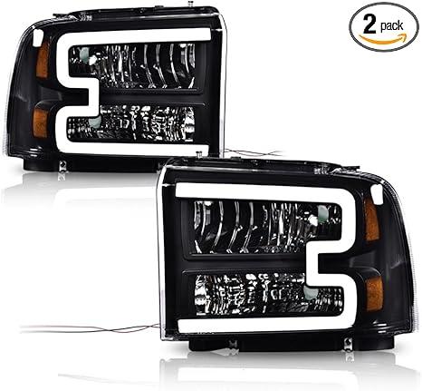 PIT66 LED Headlight Assembly Compatible with 2005-2007 Ford F250 F350 F450 F550 Super Duty /2005 Excursion (Not Fit Sealed Beam Headlight model) Headlamp Clear Lens Black Housing Amber Reflector