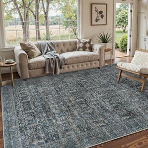 Collive Large Area Rug for Living Room 9x12, Washable Area Rug 9x12 Non Slip Vintage Distressed Bedroom Carpet Ultra-Thin Low Pile Aesthetic Print Floor Rug for Dining Guest Office - Blue/Grey