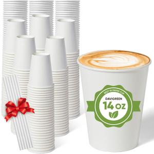 14 oz Paper Cups 200 Disposable Coffee Cups with 100 Paper Straws | Hot Cups for Coffee & Tea | Approx. 12 oz Recommended Fill