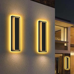 Picico 2pcs 24in Modern LED Outdoor Wall Lights, Dimmable Black Exterior Wall Sconce Lighting Fixtures, Rectangular Mini Outdoor Garage Lights, 360 Beam Angle,Vertical Outdoor Lights for House Porch (Double Layer-Dimmable)