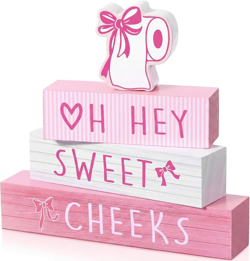 Xuhal 4 Pcs Pink Bow Bathroom Decor Coquette Bow Block Sign Farmhouse Bowknot Gifts for Home Bathroom Washroom Restroom Nursery Wedding Pink Bows Party Decorations Table Centerpieces Tiered Tray Decor