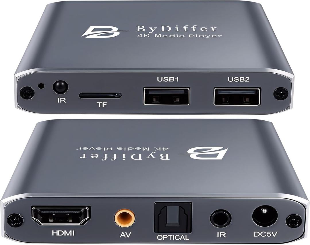 4K HD Digital Media Player, TV MP4 Video Player for USB Drive/Micro SD Card, Digital Signage, Auto Playback, H.265/HEVC, Optical/HDMI/AV Output, Grey