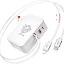 FlexTurtleUltra-Compact4 in 1 Retractable Wall Charger with Dual Cables(3.28ft), Retractable Phone Charger Wall Plug with 2 USB Ports, 35W Retractable Charger for iPhone 17/16/15/14,iPad(Peal White)