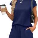 WIHOLL 2 Piece Sets for Women Casual Summer Travel Vacation Outfits Cap Sleeve Shorts Lounge Set (Large, Navy Blue)