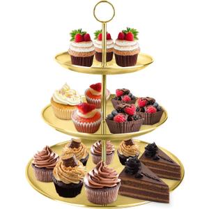 LIAISIMI 3 Tier Gold Cupcake Stand Stainless Steel Dessert Display Rack with Removable Tiered Tray for Parties,Weddings,Birthdays,Decorations,Any Festivals and Festivities(Stainless Steel Pole-1Pack)