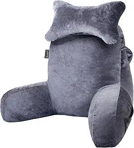 SLIGUY Reading Pillow for Sitting in Bed Couch Adult, Back Pillow with arm Support and Pockets, Adult Back Pillow Bed Chair for Bed Rest, Reading, Watching TV, Gaming for Boys and Girls Dark Grey