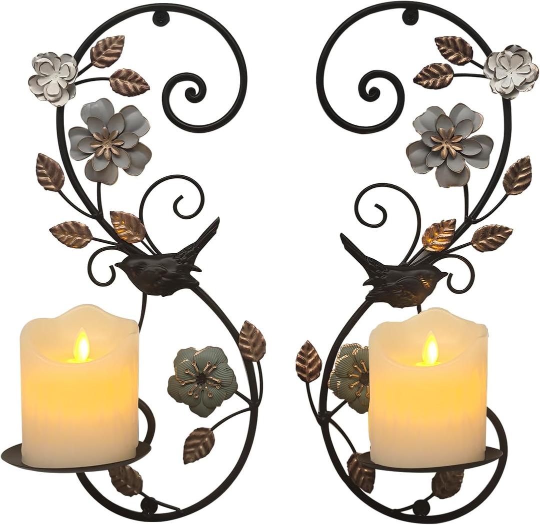 Farmhouse Wall Candle Sconces Set of 2 - Distressed Candle Holder Wall Mounted for Pillar - Vintage Metal Decor with Flower Leaves for Hallway Fireplace Bedroom Living Room