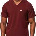 FIGS Leon Scrub Top for Men  3 Pockets, Tailored Fit, Modern V-Neck, 4-Way Stretch, Moisture-Wicking (Small, Burgundy)