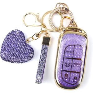 Key Fob Cover with Diamond Keychain for Women, Car Key Holder Compatible with Jeep Grand Cherokee Renegade Dodge RAM Durango Challenger Chrysler Protector, 5 Buttons (Purple-Heart)