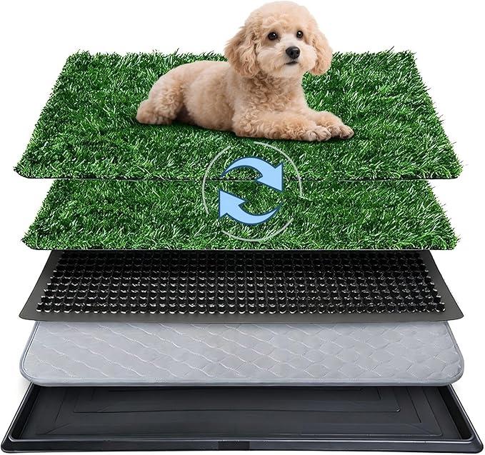 Dog Grass Pad with Tray,16"x20" Dog Litter Box, Artificial Turf Potty System with 2 Reusable Grass Patches + Washable Pee Pads, Portable Indoor Outdoor for Balcony Patio Apartment