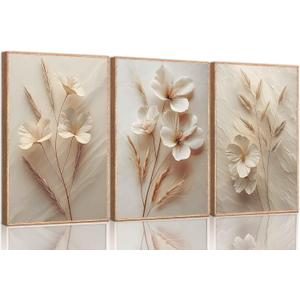 3Pcs Neutral Beige Floral Botanical Canvas Wall art Modern Simple Texture Flower Plant Painting Picture Wall Decor Vintage Blossom Poster Print Artwork for Living Room Bedroom Bathroom Unframed