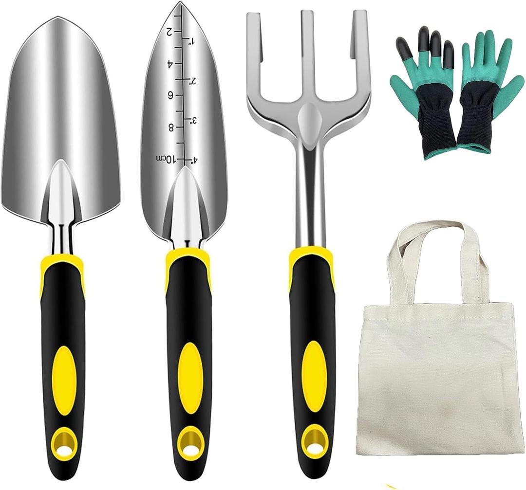Professional 5-Piece Gardening Tool Set - Heavy Duty Aluminum Rust-Resistant Kit with Ergonomic Hand Trowel, Transplanter, Rake, Claw Gloves & Canvas Tote Bag - Perfect Gardening Gifts for Women & Men