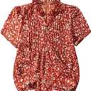 SOLY HUX Women's Plus Size Floral Tops Notched V Neck Puff Short Sleeve Boho Summer Blouse (Red, XL)
