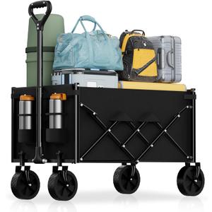 Lightweight Folding Wagon, Large Capacity Collapsible Grocery Cart on Big Wheels, Heavy Duty Foldable Shopping Carts, All-Terrain Outdoor Utility Carts for Camping, Sports, Garden, Beach, 3.5 Cu Ft (3-1/2 cubic feet, Black)