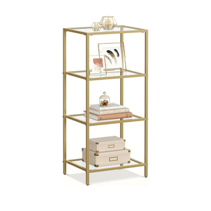 VASAGLE Bookcase, 4-Tier Bookshelf, Slim Shelving Unit for Bedroom, Bathroom, Home Office, Tempered Glass, Steel Frame, Metallic Gold ULGT28G