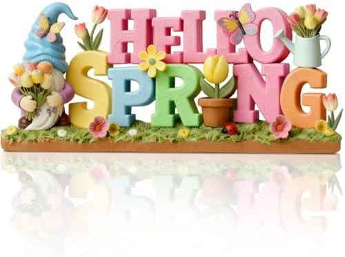 Simgoing 1 Pack Hello Spring Table Decoration Resin Spring Gnome Decorations for Home Pastel Flower Table Sign Festive Floral Statue Tabletop Centerpiece for House Tabletop Tiered Tray Fireplace Decor