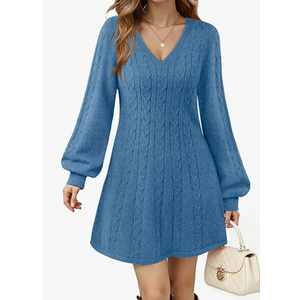 Womens V Neck Long Sleeve Cable Knit Fall Dresses Elegant Babydoll Sweater Dress, Blue, M