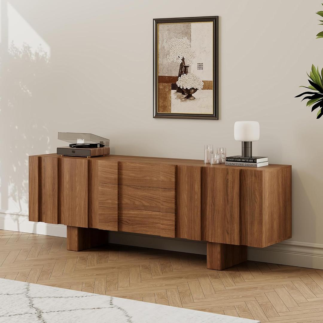 Mid Century Modern TV Stand with Storage, 71" Brown Wood Entertainment Center, TV Console with Wood Support Legs, Farmhouse Media Console for Living Room Bedroom Office