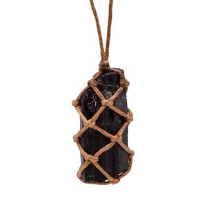 Knotted Rope Holding Natural Crystal Black Tourmaline Rough Stone Reiki Healing Necklace
