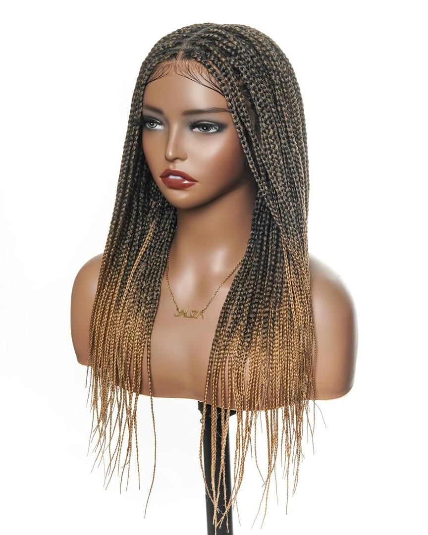 24" Pre Cut Real Swiss HD Full Lace Knotless Box Braided Wig for Black Women with Human Hair Baby Hair - Lightweight Synthetic Square Braided Wig - 1B/27 Honey Blond - 99Braids